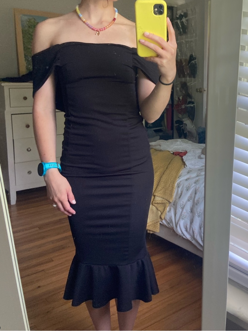 PrettyLittleThing black bardot frill hem midi dress
